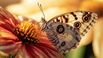 A close-up of a white and brown butterfly with black eye spots feeding on a pink and yellow flower with a blurred background.