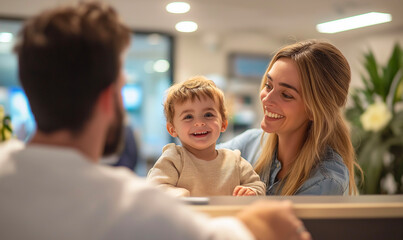 Smiling parents with their child at a clinic reception, preparing for a pediatric consultation, capturing a warm family healthcare experience in a modern medical setting.