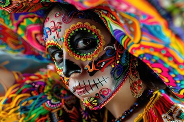 Fototapeta premium A woman dressed in a colorful costume with a skull-themed makeup look, suitable for use in creative projects that require a touch of the macabre or whimsical themes
