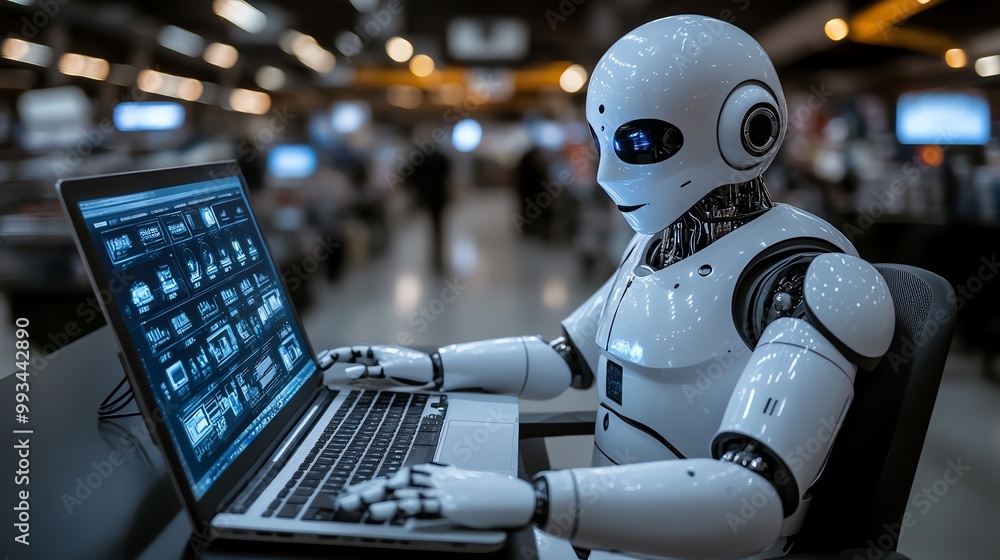Poster robot working on a laptop in a futuristic environment, focused on the screen.