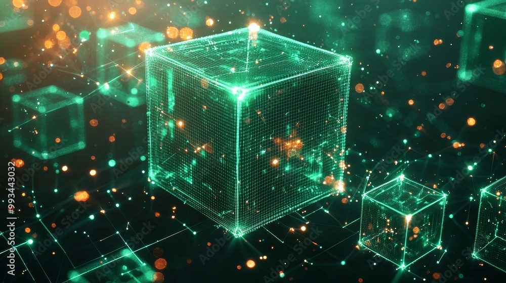 Poster a futuristic cube with connected particles. technology blockchain concept. big data flow connections