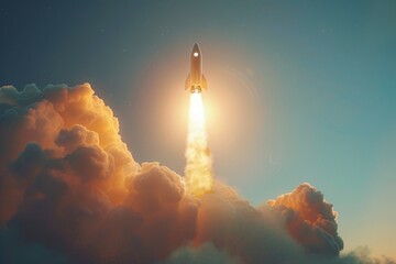 A space shuttle blasting off into the sky, clouds and smoke in the background
