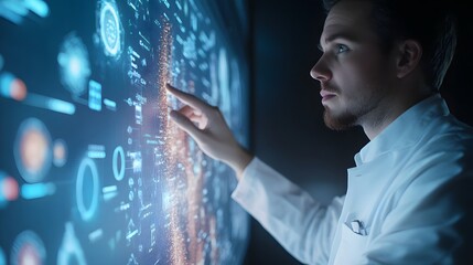 A Man in a White Coat Interacts with a Futuristic Digital Interface