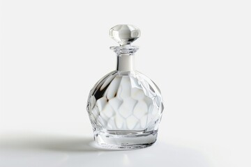 A clear glass bottle with a silver stopper, ideal for use in still life photography or as a prop