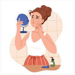 The young woman with skin problems. Acne problems, damaged skin. Healthcare illustration. Vector illustration.
