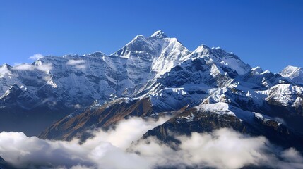 Majestic Snow Mountain with Billowing Clouds: A Breathtaking Natural Spectacle. Witness the Grandeur and Serenity.