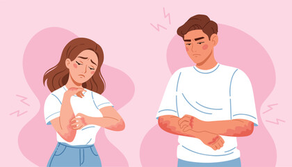 People with skin diseases. Set of characters with acne, dermatitis, eczema, psoriasis on body. Man and woman treat dermis for inflammation and redness. Cartoon flat vector illustration collection