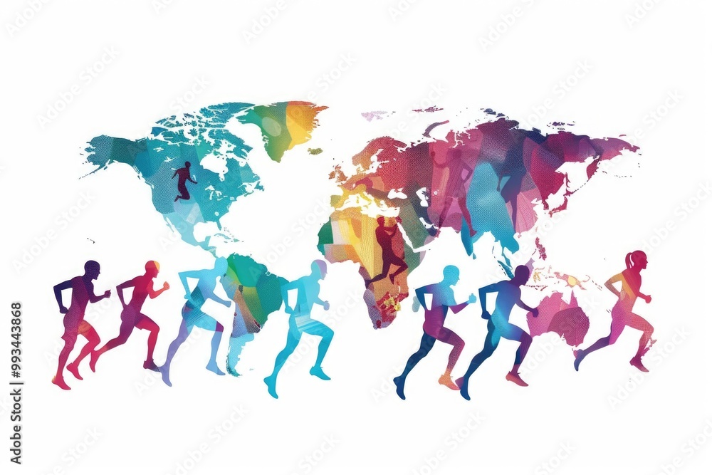Poster group of people circling around a world map, representing global connections and unity