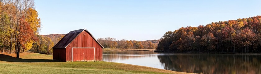 Obraz premium Peaceful autumn landscape with a red barn by a reflective lake and colorful foliage on a clear day Serene nature scene