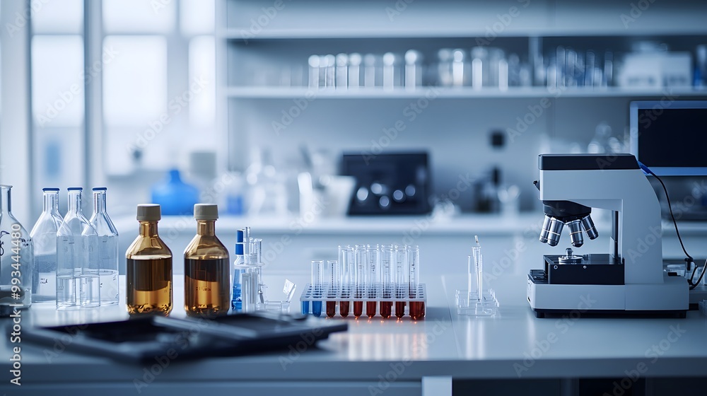 Poster a close-up of laboratory equipment with a microscope in the background.