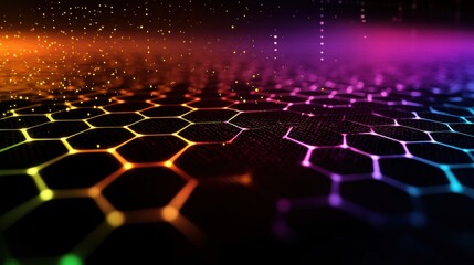 Naklejka premium Glowing Hexagonal Neon Abstraction with Vibrant Gradient Lights and Dynamic Digital Motion