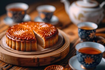 A wooden plate with a cake and cups of tea, perfect for a cozy moment