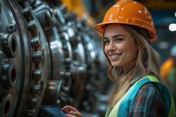 A woman in an orange hard hat and safety vest, smiling, is using a tablet in a large industrial setting. Large metal parts are visible in the background