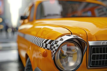 A close-up view of a bright yellow taxi cab with its distinctive logo and markings