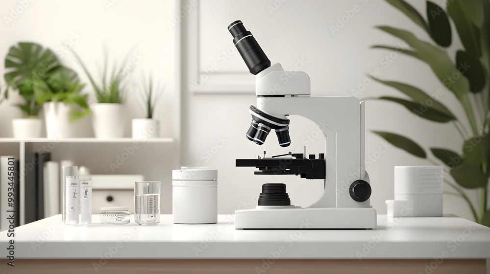 Poster a white microscope on a lab table with lab equipment