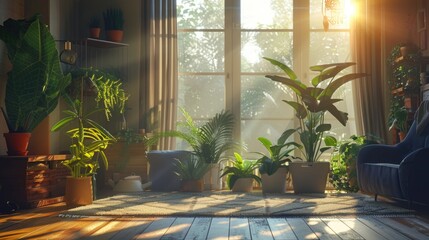 A cozy living room filled with numerous potted plants