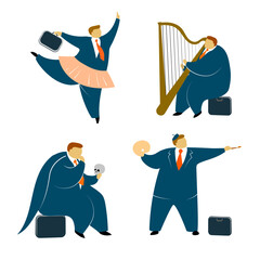 Businessman and kinds of arts funny and charming character illustrations of dancing as ballerine businessman, playing harp businessman, painter and actor businessman