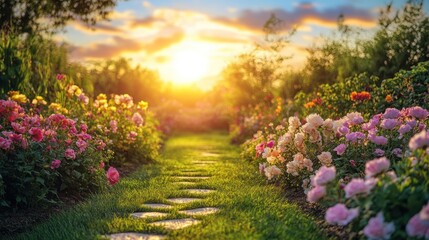 Naklejka premium Stone Path Through a Flower Garden at Sunset