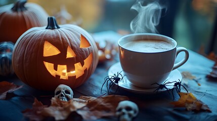 A cozy Halloween-themed scene with a steaming cup of coffee placed next to a carved pumpkin, surrounded by fall leaves and small spooky decorations like skulls and spiders. 