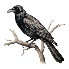 Fototapeta premium Raven perched on a branch, white background
