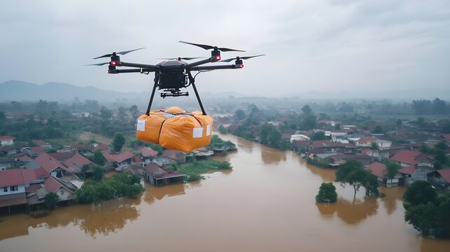 A drone descending over a flood-affected area, dropping emergency medical supplies and food packages to stranded survivors, illustrating the efficiency of aerial logistics in crisis response. 