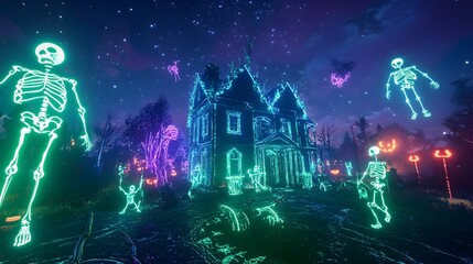 Obraz premium A neon-lit haunted house with green and blue glowing lights, surrounded by glowing skeletons and floating neon ghosts, set against a night sky to enhance the spooky Halloween vibe. 