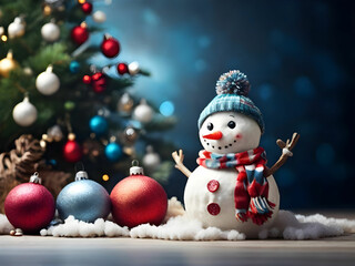 Obraz premium Snowman and Christmas tree decoration background banner