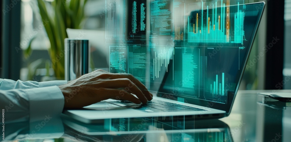 Poster digital document management system, enterprise content management, businessman using laptop with dig