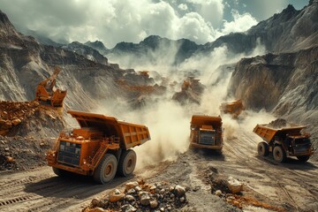Heavy Duty Mining Trucks in a Mountainous Landscape