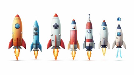 A group of colorful rockets sitting on a clean white surface