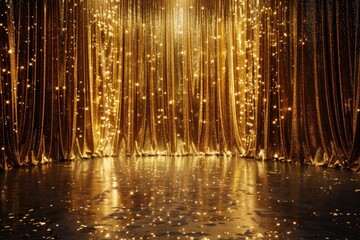 A luxurious room with a curtain covered in gold lights