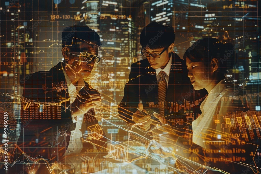 Aufkleber group of professionals studying data on computer monitor
