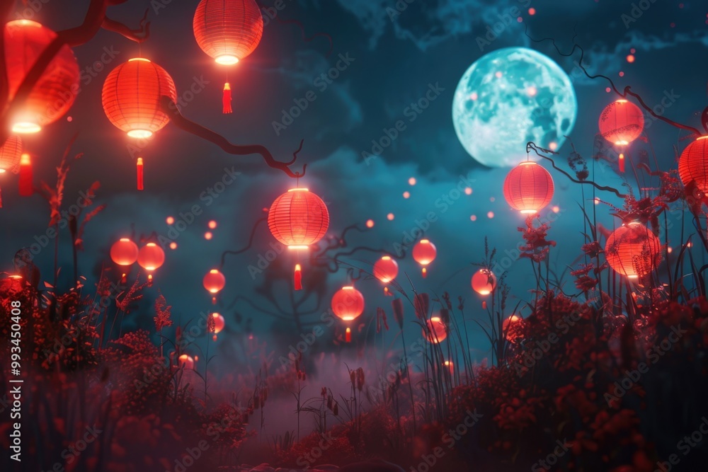 Poster a dense forest with many red lanterns hanging from the trees