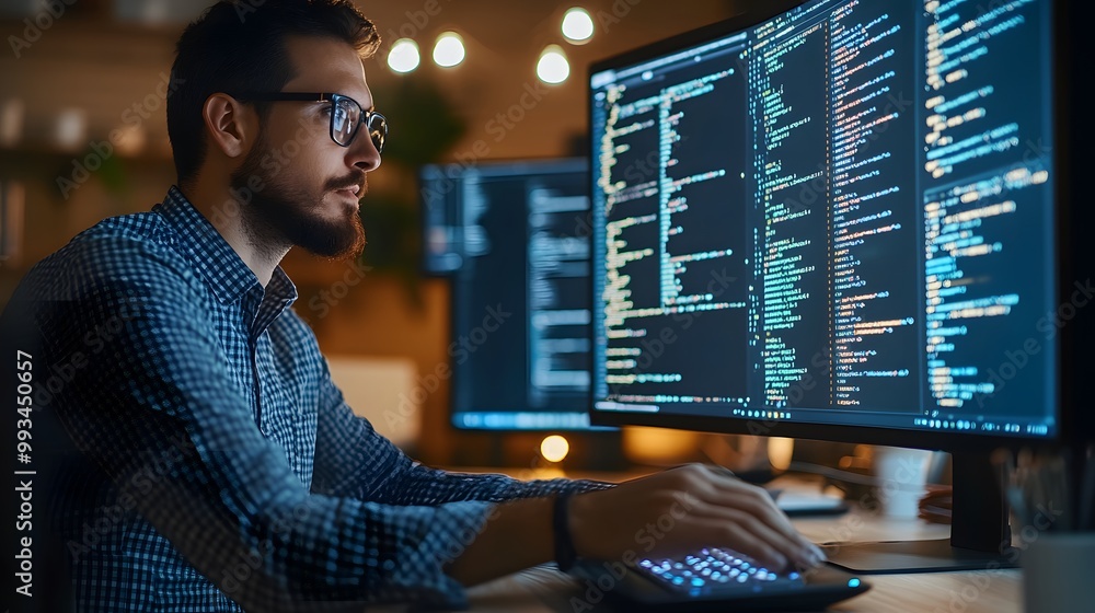 Poster concentrated programmer working on code in a dark room