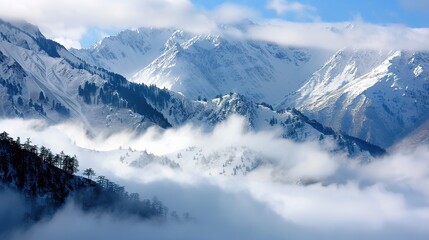 Fototapeta premium Majestic Snow Mountain with Billowing Clouds: A Breathtaking Natural Spectacle. Witness the Grandeur and Serenity.