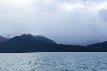Mountain Maligne full of snow in Autumn, from Maligne Lake, Canada