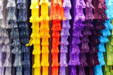 Colored sewing zippers for clothes of different colors close-up on the window display of a sewing...