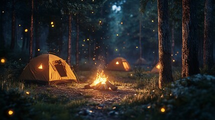A campfire in a forest clearing with tents around it