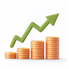 3D icon, A green arrow is pointing upward, with a dollar sign and gold coins below it. Concept of financial growth and prosperity