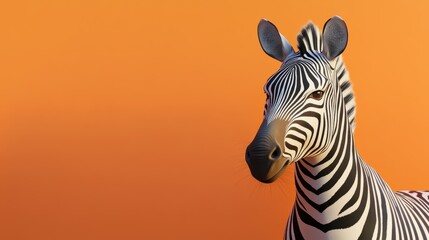 Fototapeta premium Cute zebra on an orange background. International Zebra Day. Horizontal banner. Copy space. Wildlife conservation concept. Environmental protection, animal protection. Wildlife Day