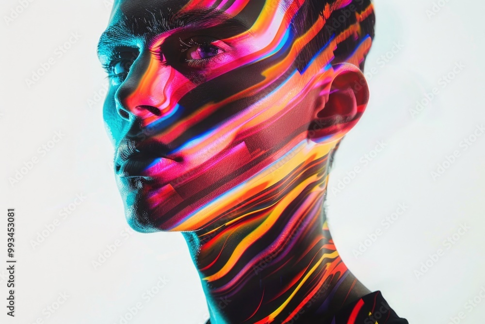 Poster a close-up of a person's face with colorful lines and patterns, ideal for representing creativity or