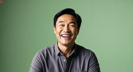 Obraz premium Joyful middleaged Asian man with short black hair wearing casual shirt on plain green background