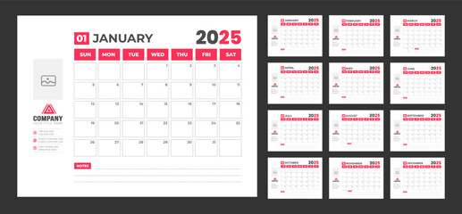 corporate Monthly pages Planner Calendar  Templates 2025 set. wall or desk simple 2025 Planner Calendar bundle with week start on Sunday. Set of 12 Months 2025 Wall quarterly calendar design.