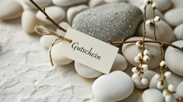 paper label with german word voucher on spa and wellness background with zen stones