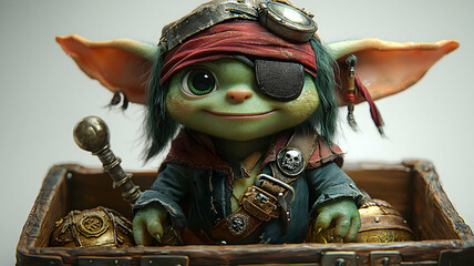 Fototapeta premium A cute, green, furry creature with large ears, wearing a pirate eyepatch and a red bandana. The creature is sitting in a wooden treasure chest.