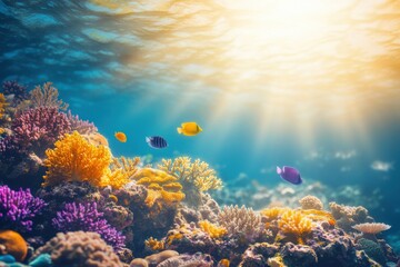 Naklejka premium Colorful Coral Reef Ecosystem with Fish and Sunlight Streaming Through Clear Ocean Waters