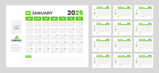 corporate Monthly pages Planner Calendar  Templates 2025 set. wall or desk simple 2025 Planner Calendar bundle with week start on Sunday. Set of 12 Months 2025 Wall quarterly calendar design.