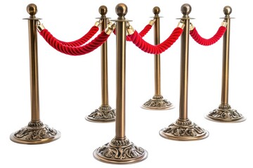 A row of red rope barriers with gold posts, often used for events or gatherings