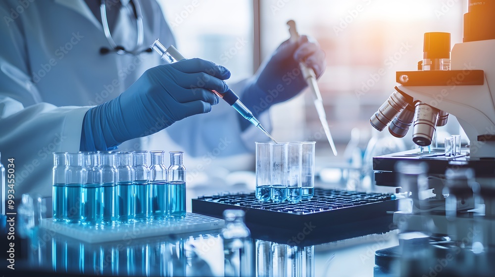Poster scientist in lab coat using pipette and microscope