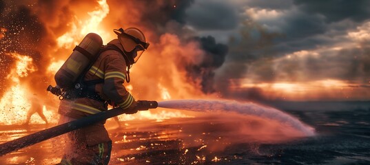 A firefighter extinguishing flames with a fire hose during a rescue operation